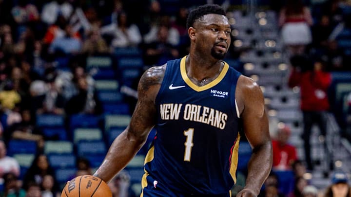 Mar 13, 2025; New Orleans, Louisiana, USA; New Orleans Pelicans forward Zion Williamson (1) brings the ball up court against the Orlando Magic during the second half at Smoothie King Center. Mandatory Credit: Stephen Lew-Imagn Images Mar 13, 2025; New Orleans, Louisiana, USA; New Orleans Pelicans forward Zion Williamson (1) brings the ball up court against the Orlando Magic during the second half at Smoothie King Center. Mandatory Credit: Stephen Lew-Imagn Images
