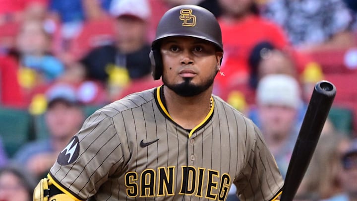 Jul 26, 2025; St. Louis, Missouri, USA; San Diego Padres first baseman Luis Arraez (4) at bat against the St. Louis Cardinals at Busch Stadium. Mandatory Credit: Tim Vizer-Imagn Images Jul 26, 2025; St. Louis, Missouri, USA; San Diego Padres first baseman Luis Arraez (4) at bat against the St. Louis Cardinals at Busch Stadium. Mandatory Credit: Tim Vizer-Imagn Images
