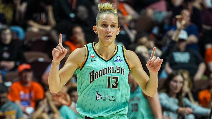 Jun 8, 2026; Uncasville, Connecticut, USA; New York Liberty forward Leonie Fiebich (13) reacts after her basket against the Connecticut Sun in the second half at Mohegan Sun Arena. Mandatory Credit: David Butler II-Imagn Images Jun 8, 2026; Uncasville, Connecticut, USA; New York Liberty forward Leonie Fiebich (13) reacts after her basket against the Connecticut Sun in the second half at Mohegan Sun Arena. Mandatory Credit: David Butler II-Imagn Images