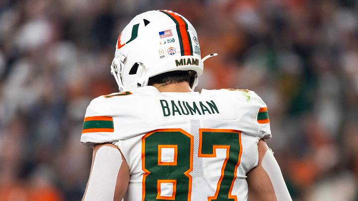 Jan 8, 2026; Glendale, AZ, USA; Detailed view of the jersey of Miami Hurricanes tight end Alex Bauman (87) against the Mississippi Rebels during the 2026 Fiesta Bowl and semifinal game of the College Football Playoff at State Farm Stadium. Mandatory Credit: Mark J. Rebilas-Imagn Images