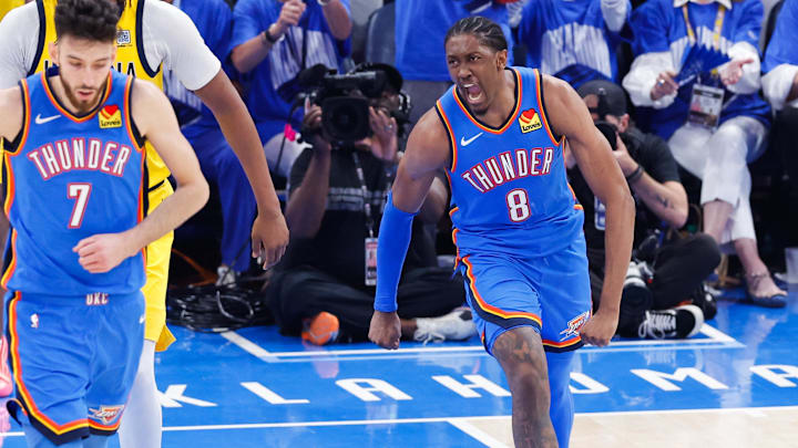 Jun 22, 2025; Oklahoma City, Oklahoma, USA; Oklahoma City Thunder forward Jalen Williams (8) reacts after scoring against the Indiana Pacers during the second half of game seven of the 2025 NBA Finals at Paycom Center. Mandatory Credit: Alonzo Adams-Imagn Images