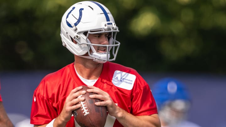 Jun 12, 2025; Indianapolis, IN, USA; Indianapolis Colts quarterback Daniel Jones (17) prepares to throw the ball during training camp at the Farm Bureau Football complex. Mandatory Credit: Marc Lebryk-Imagn Images