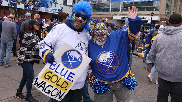 Apr 19, 2026; Buffalo, New York, USA; Buffalo Sabres fans wait for the doors to open before a game against the Boston Bruins in game one of the first round of the 2026 Stanley Cup Playoffs at KeyBank Center. Mandatory Credit: Timothy T. Ludwig-Imagn Images
