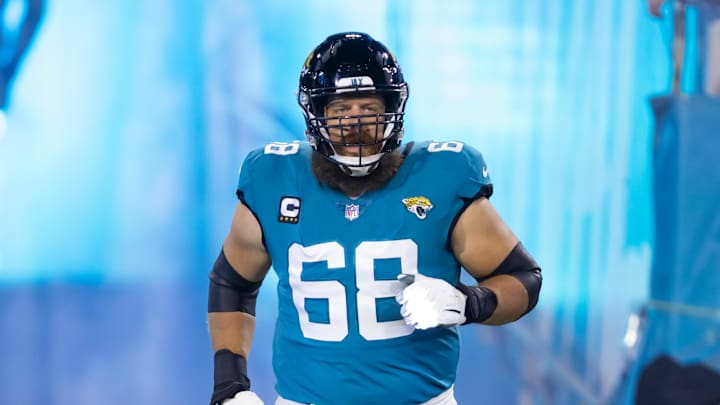 Jan 14, 2023; Jacksonville, Florida, USA; Jacksonville Jaguars guard Brandon Scherff (68) against
