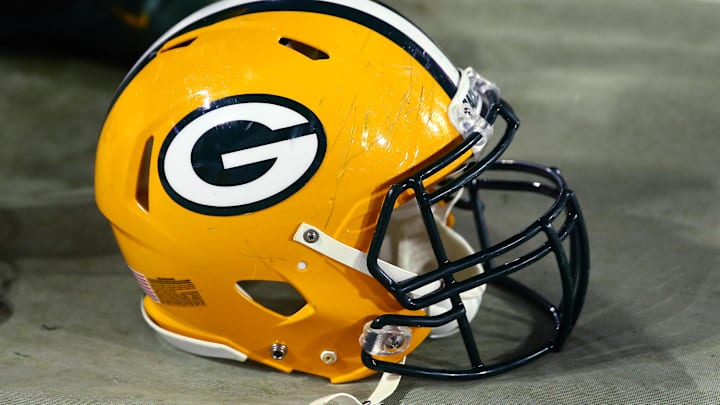 Jan 16, 2016; Glendale, AZ, USA; Detailed view of a Green Bay Packers helmet against the Arizona Cardinals during the NFC Divisional round playoff game at University of Phoenix Stadium. Mandatory Credit: Mark J. Rebilas-Imagn Images