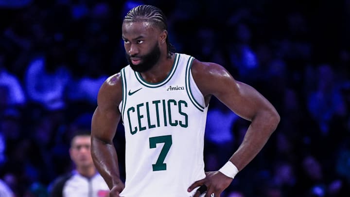 Mar 15, 2025; Brooklyn, New York, USA; Boston Celtics guard Jaylen Brown (7) during a game against the Brooklyn Nets at Barclays Center. Mandatory Credit: John Jones-Imagn Images