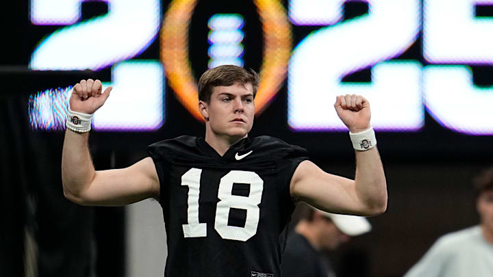 Ohio State Buckeyes quarterback Will Howard (18) practices for the College Football Playoff against the Notre Dame Fighting Irish at the Mercedes-Benz Stadium in Atlanta on Jan. 18, 2025.