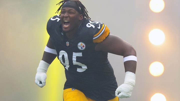 Nov 2, 2025; Pittsburgh, Pennsylvania, USA;  Pittsburgh Steelers defensive tackle Keeanu Benton (95) reacts as he takes the field against the Indianapolis Colts at Acrisure Stadium.