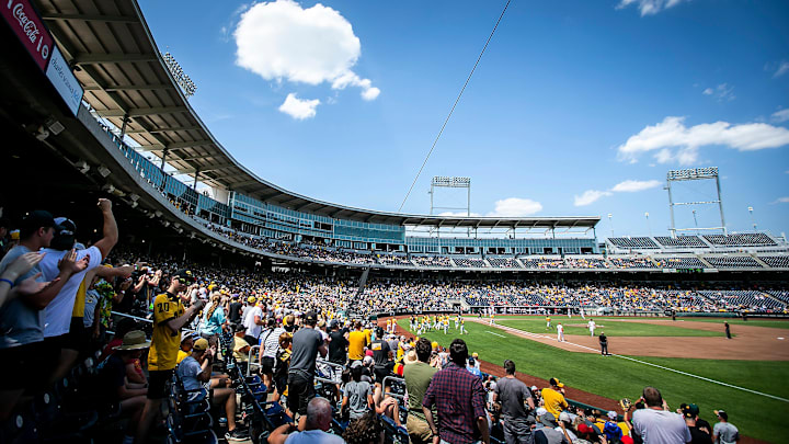 A general view as thousands of fans watch during the championship game of the Big Ten Baseball Tournament between Iowa and Maryland, Sunday, May 28, 2023, at Charles Schwab Field in Omaha, Neb.