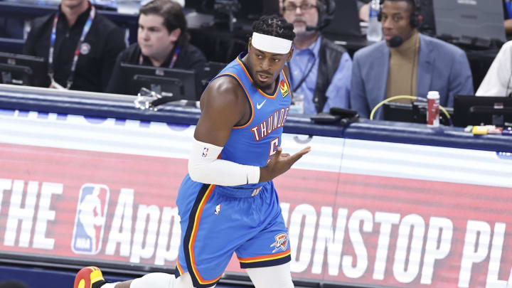 Apr 24, 2024; Oklahoma City, Oklahoma, USA; Oklahoma City Thunder guard Luguentz Dort (5) gestures Apr 24, 2024; Oklahoma City, Oklahoma, USA; Oklahoma City Thunder guard Luguentz Dort (5) gestures