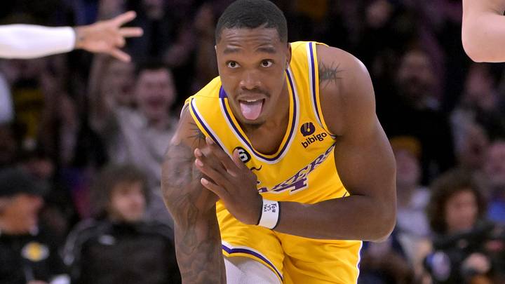 Los Angeles Lakers guard Lonnie Walker IV (4) reacts (Mandatory Credit: Jayne Kamin-Oncea-Imagn Images)