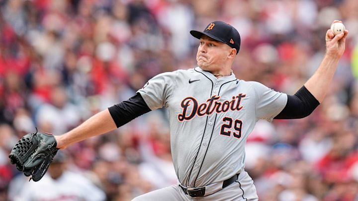 Detroit Tigers pitcher Tarik Skubal (29) throws against Cleveland Guardians during the fourth inning at Game 5 of ALDS at Progressive Field in Cleveland, Ohio on Saturday, Oct. 12, 2024. Detroit Tigers pitcher Tarik Skubal (29) throws against Cleveland Guardians during the fourth inning at Game 5 of ALDS at Progressive Field in Cleveland, Ohio on Saturday, Oct. 12, 2024.