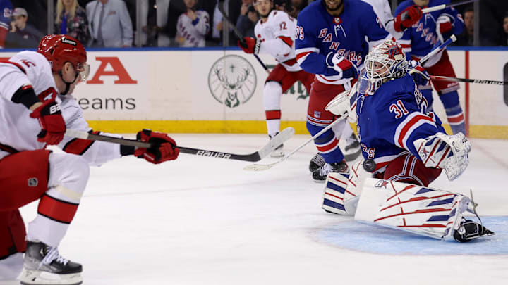 May 13, 2024; New York, New York, USA; Carolina Hurricanes center Evgeny Kuznetsov (92) scores a