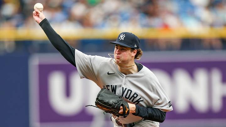Apr 12, 2026; St. Petersburg, Florida, USA; New York Yankees starting pitcher Cam Schlittler (31) throws a pitch against the Tampa Bay Rays in the fourth inning at Tropicana Field. Mandatory Credit: Nathan Ray Seebeck-Imagn Images Apr 12, 2026; St. Petersburg, Florida, USA; New York Yankees starting pitcher Cam Schlittler (31) throws a pitch against the Tampa Bay Rays in the fourth inning at Tropicana Field. Mandatory Credit: Nathan Ray Seebeck-Imagn Images