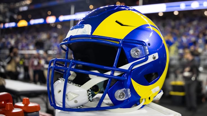 Jan 13, 2025; Glendale, AZ, USA; Detailed view of a Los Angeles Rams helmet during an NFC wild card game at State Farm Stadium. Mandatory Credit: Mark J. Rebilas-Imagn Images