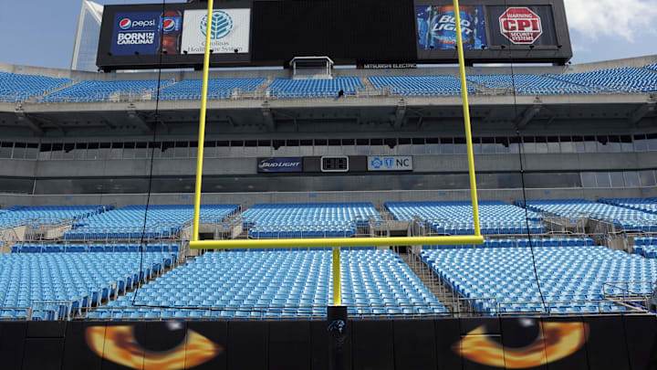 Aug 9, 2013; Charlotte, NC, USA; A general view of the goalposts in the end zone before the game between the Carolina Panthers and the Chicago Bears at Bank of America Stadium.  Mandatory Credit: Sam Sharpe-Imagn Images