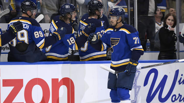 Oct 15, 2024; St. Louis, Missouri, USA; St. Louis Blues right wing Mathieu Joseph (71) is congratulated by teammates after scoring a goal against the Minnesota Wild during the third period at Enterprise Center. Mandatory Credit: Jeff Le-Imagn Images