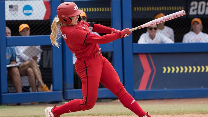 May 30, 2026; Oklahoma City, OK, USA; Texas Tech Red Raiders second baseman Mia Williams (1) hits a double in the sixth inning against the Tennessee Lady Volunteers during the NCAA Women’s College World Series at Devon Park. Mandatory Credit: Brett Rojo-Imagn Images May 30, 2026; Oklahoma City, OK, USA; Texas Tech Red Raiders second baseman Mia Williams (1) hits a double in the sixth inning against the Tennessee Lady Volunteers during the NCAA Women’s College World Series at Devon Park. Mandatory Credit: Brett Rojo-Imagn Images