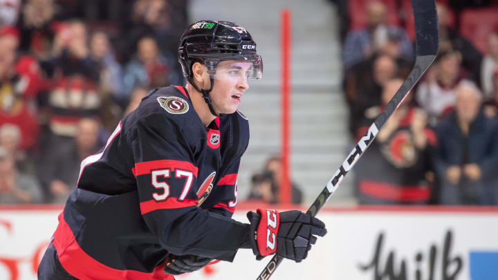 Jan 25, 2023; Ottawa, Ontario, CAN; Ottawa Senators center Shane Pinto (57) skates to the bench after scoring in thew first period against the New York Islanders  at the Canadian Tire Centre. Mandatory Credit: Marc DesRosiers-USA TODAY Sports