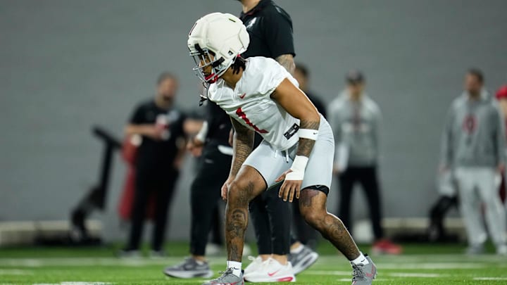 Ohio State Buckeyes cornerback Earl Little Jr. (1) lines up during the first day of spring workouts for the 2026 football season at Woody Hayes Athletic Complex in Columbus on March 10, 2026.