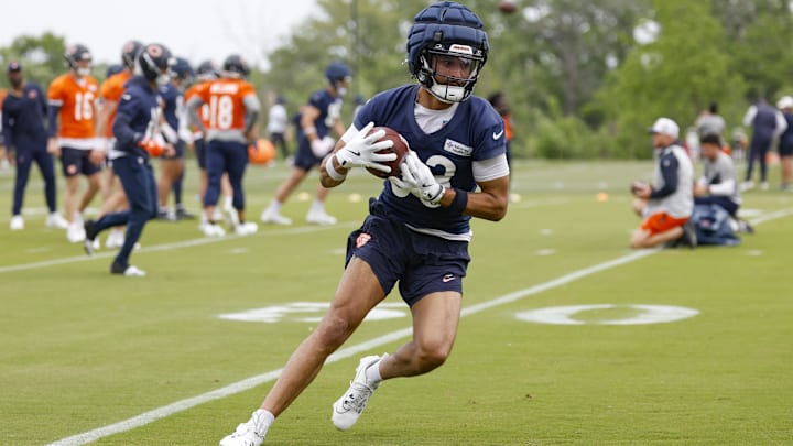 Jun 3, 2025; Lake Forest, IL, USA; Chicago Bears wide receiver Samori Toure (83) runs with the ball during minicamp at Halas Hall.  