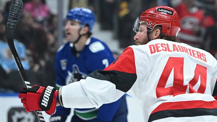 Oct 20, 2026; Vancouver, British Columbia, CAN;  Carolina Hurricanes left winger Nicolas Deslauriers (44) celebrates scoring during the third period against the Vancouver Canucks at Rogers Arena.  Mandatory Credit: Simon Fearn-Imagn Images