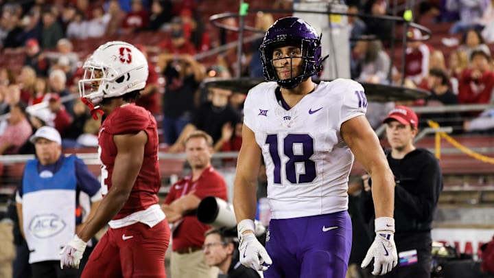 Aug 30, 2024; Stanford, California, USA; TCU Horned Frogs wide receiver Jack Bech (18) scores a touchdown during the second half against the Stanford Cardinal at Stanford Stadium. Aug 30, 2024; Stanford, California, USA; TCU Horned Frogs wide receiver Jack Bech (18) scores a touchdown during the second half against the Stanford Cardinal at Stanford Stadium.