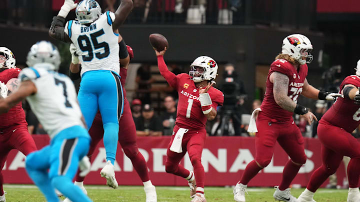 Arizona Cardinals quarterback Kyler Murray throws the ball against the Carolina Panthers at State Farm Stadium on Sept 14, 2025.