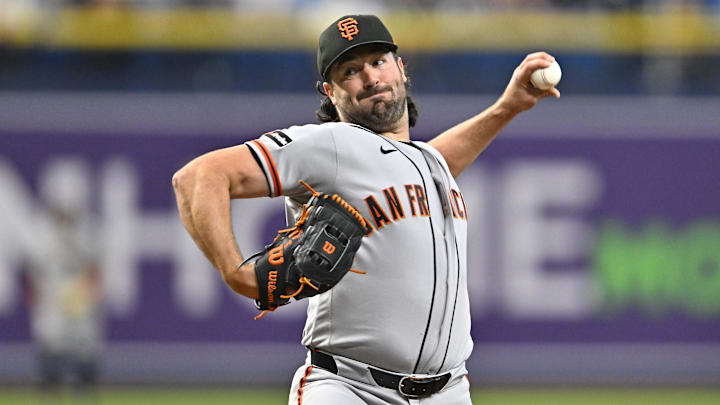 May 1, 2026; St. Petersburg, Florida, USA; San Francisco Giants pitcher Robbie Ray (38) throws a pitch during the first inning against Tampa Bay Rays at Tropicana Field. Mandatory Credit: Pablo Robles-Imagn Images