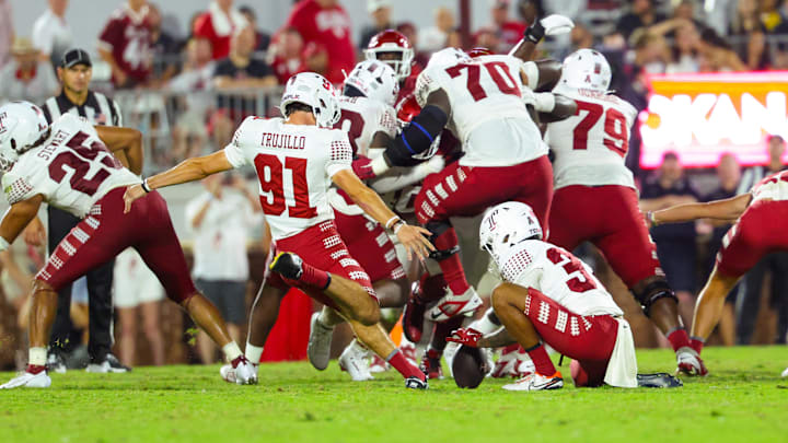 Aug 30, 2024; Norman, Oklahoma, USA; Temple Owls place kicker Maddux Trujillo (91) makes a field goal during the second half against the Oklahoma Sooners at Gaylord Family-Oklahoma Memorial Stadium. Mandatory Credit: Kevin Jairaj-Imagn Images