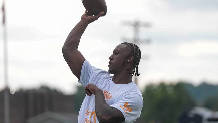 Tennessee quarterback Faizon Brandon throws the ball at his Youth Football Camp at Anderson County High School on July 25, 2026. Tennessee quarterback Faizon Brandon throws the ball at his Youth Football Camp at Anderson County High School on July 25, 2026.