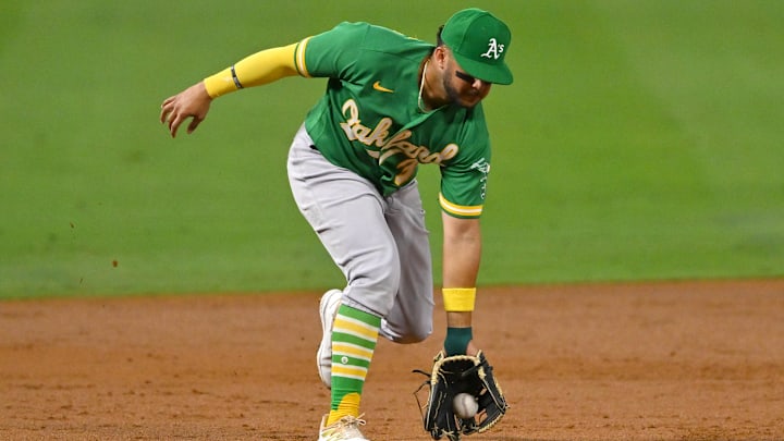 Sep 29, 2022; Anaheim, California, USA;  Oakland Athletics second baseman Vimael Machin (31) makes a play for an out in the second inning against the Los Angeles Angels at Angel Stadium.