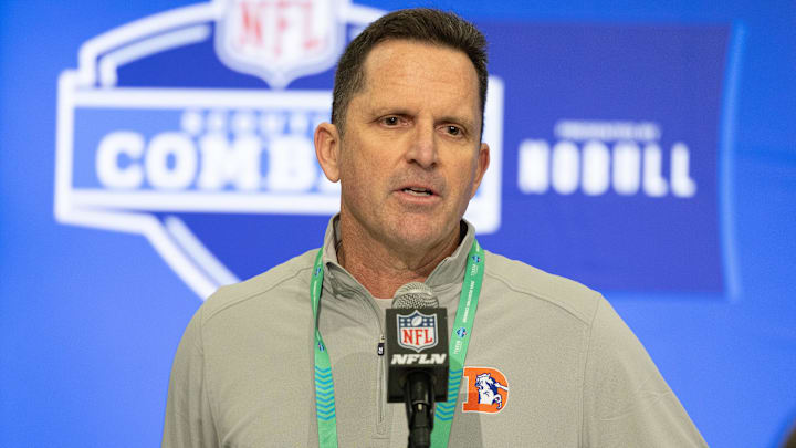 Feb 27, 2024; Indianapolis, IN, USA; Denver Broncos general manager George Paton talks to the media at the 2024 NFL Combine at Indiana Convention Center. Mandatory Credit: Trevor Ruszkowski-Imagn Images