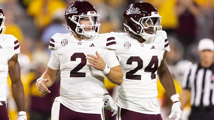 Sep 7, 2024; Tempe, Arizona, USA; Mississippi State Bulldogs quarterback Blake Shapen (2) with running back Keyvone Lee (24) against the Arizona State Sun Devils at Mountain America Stadium. Mandatory Credit: Mark J. Rebilas-Imagn Images