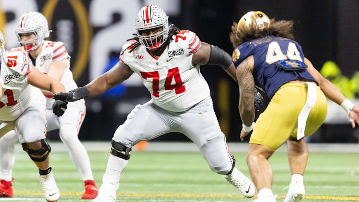 Jan 20, 2025; Atlanta, GA, USA; Ohio State Buckeyes offensive lineman Donovan Jackson (74) against the Notre Dame Fighting Irish during the CFP National Championship college football game at Mercedes-Benz Stadium. Mandatory Credit: Mark J. Rebilas-Imagn Images