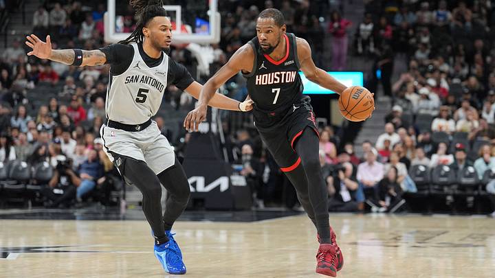 Mar 8, 2026; San Antonio, Texas, USA; Houston Rockets forward Kevin Durant (7) dribbles against San Antonio Spurs guard Stephon Castle (5) in the first half at Frost Bank Center. Mandatory Credit: Daniel Dunn-Imagn Images Mar 8, 2026; San Antonio, Texas, USA; Houston Rockets forward Kevin Durant (7) dribbles against San Antonio Spurs guard Stephon Castle (5) in the first half at Frost Bank Center. Mandatory Credit: Daniel Dunn-Imagn Images
