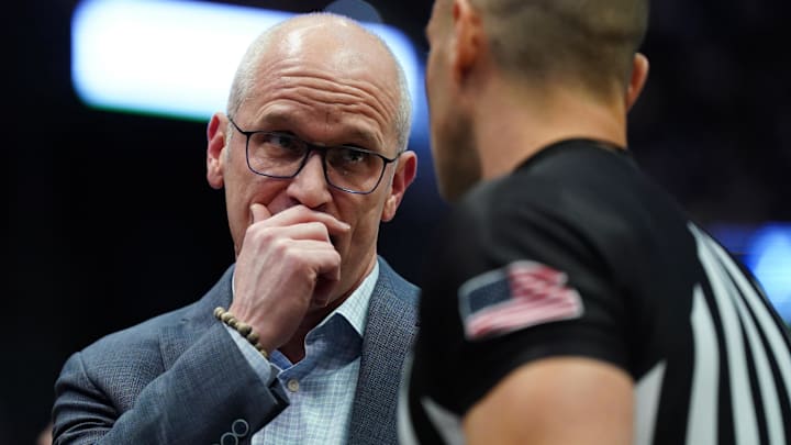 Nov 23, 2025; Hartford, Connecticut, USA; UConn Huskies head coach Dan Hurley talks to an official as they take on the Bryant Bulldogs at Peoples Bank Arena. Mandatory Credit: David Butler II-Imagn Images