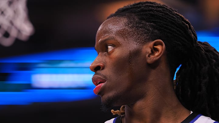 Mar 19, 2025; Sacramento, California, USA; Sacramento Kings guard Keon Ellis (23) between plays against the Cleveland Cavaliers during the second quarter at Golden 1 Center. Mandatory Credit: Kelley L Cox-Imagn Images