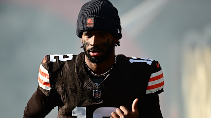 Dec 21, 2025; Cleveland, Ohio, USA;  Cleveland Browns quarterback Shedeur Sanders (12) is introduced prior to a game against the Buffalo Bills at Huntington Bank Field. Mandatory Credit: Ken Blaze-Imagn Images