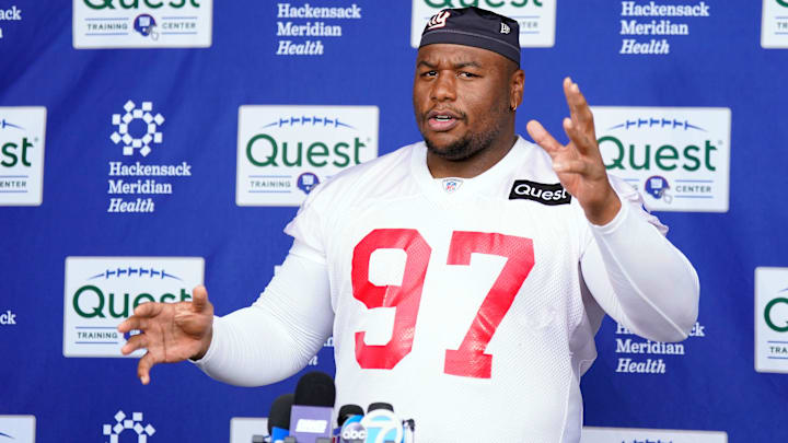 New York Giants defensive lineman Dexter Lawrence talks to reporters after the first day of mandatory minicamp at the Giants training center in East Rutherford on Tuesday, June 13, 2023.