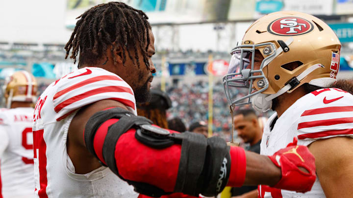 Nov 12, 2023; Jacksonville, Florida, USA; San Francisco 49ers linebacker Dee Greenlaw (57) and safety Talanoa Hufanga (29) before the game against the Jacksonville Jaguars at EverBank Stadium. Mandatory Credit: Morgan Tencza-Imagn Images