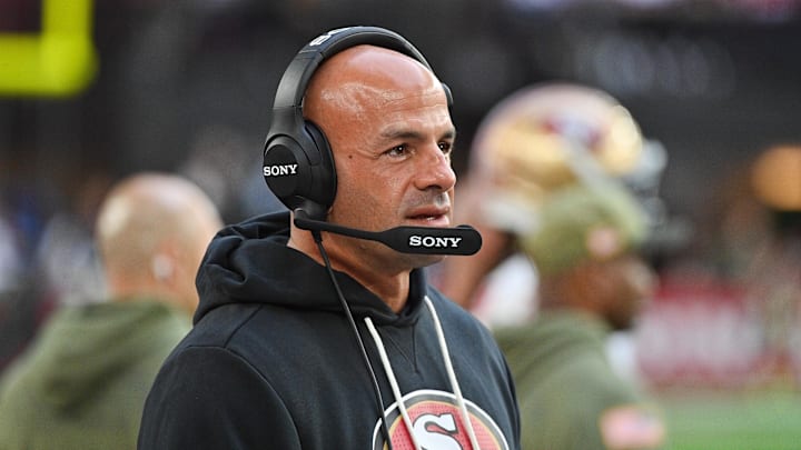 Nov 16, 2025; Glendale, Arizona, USA; San Francisco 49ers defensive coordinator Robert Saleh looks on in the third quarter against the Arizona Cardinals at State Farm Stadium. Mandatory Credit: Matt Kartozian-Imagn Images