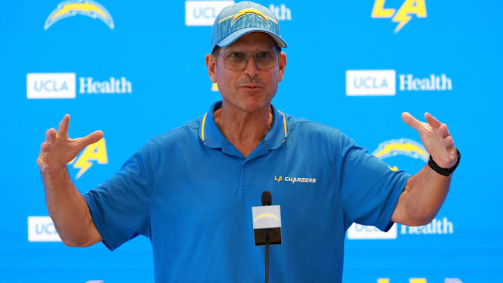 Los Angeles Chargers head coach Jim Harbaugh speaks to the media after the first day of training camp at The Bolt.