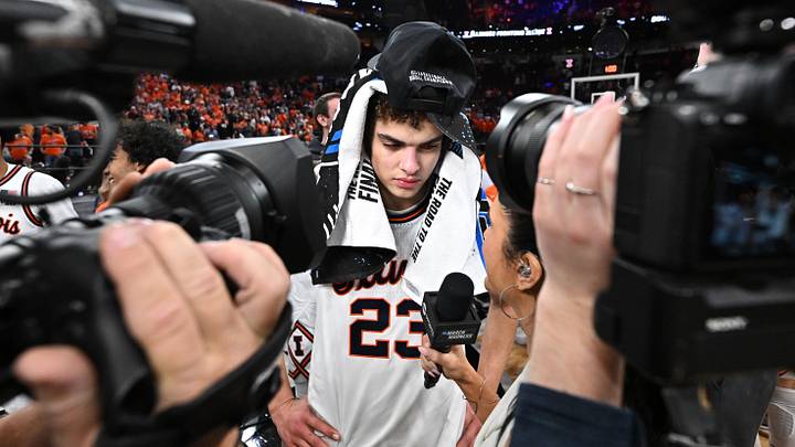 Mar 28, 2026; Houston, TX, USA; Illinois Fighting Illini guard Keaton Wagler (23) speaks to media after defeating the Iowa Hawkeyes in an Elite Eight game of the South Regional of the men's 2026 NCAA Tournament at Toyota Center. Mandatory Credit: Maria Lysaker-Imagn Images