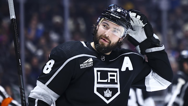 Apr 6, 2024; Los Angeles, California, USA; Los Angeles Kings defenseman Drew Doughty (8) looks on during the third period of a game against the Vancouver Canucks at Crypto.com Arena. Mandatory Credit: Jessica Alcheh-Imagn Images