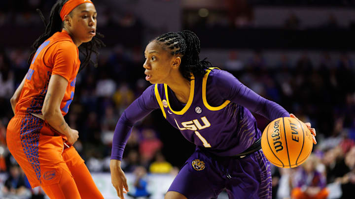 Jan 19, 2025; Gainesville, Florida, USA; LSU Tigers guard Mjracle Sheppard (1) dribbles the ball while Florida Gators guard Jeriah Warren (20) defends during the first half at Exactech Arena at the Stephen C. O'Connell Center. Mandatory Credit: Matt Pendleton-Imagn Images