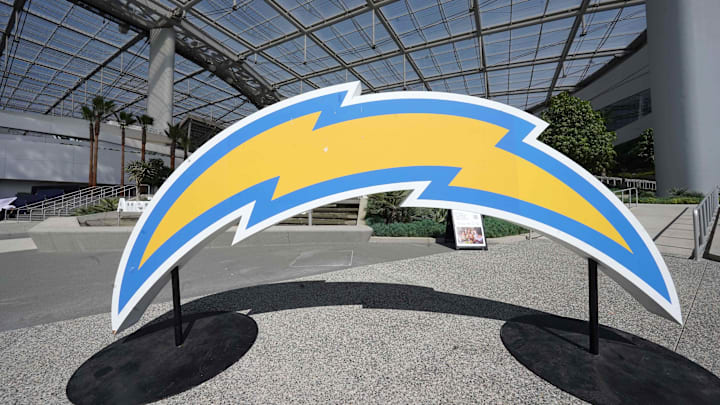 Oct 4, 2021; Inglewood, California, USA; The Los Angeles Chargers bolt logo is seen outside SoFi Stadium. Mandatory Credit: Kirby Lee-Imagn Images