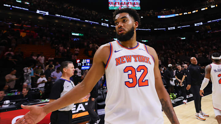 Oct 30, 2024; Miami, Florida, USA; New York Knicks center Karl-Anthony Towns (32) celebrates after the game against the Miami Heat at Kaseya Center. Mandatory Credit: Sam Navarro-Imagn Images