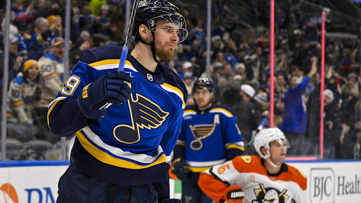 Jan 9, 2025; St. Louis, Missouri, USA;  St. Louis Blues left wing Pavel Buchnevich (89) reacts after scoring against the Anaheim Ducks during the second period at Enterprise Center. Mandatory Credit: Jeff Curry-Imagn Images