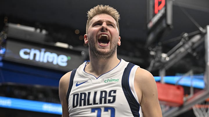 Nov 4, 2024; Dallas, Texas, USA; Dallas Mavericks guard Luka Doncic (77) reacts to a foul call during the second half against the Indiana Pacers at the American Airlines Center. Mandatory Credit: Jerome Miron-Imagn Images